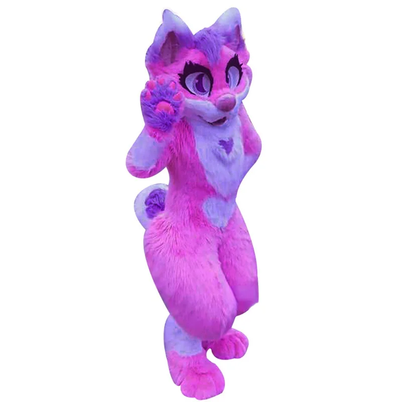 

Rose Pink Husky Dog Fox Medium Long Fur Mascot Costume Walking Halloween Christmas and Large Event Suit Party Role Play