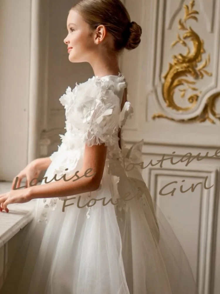 فستان فتاة الزهور الجنية برقبة دائرية وأكمام قصيرة مزين بالدانتيل فساتين تول لحفلات الزفاف للفتيات أول مناولة رداء حفلات أعياد الميلاد