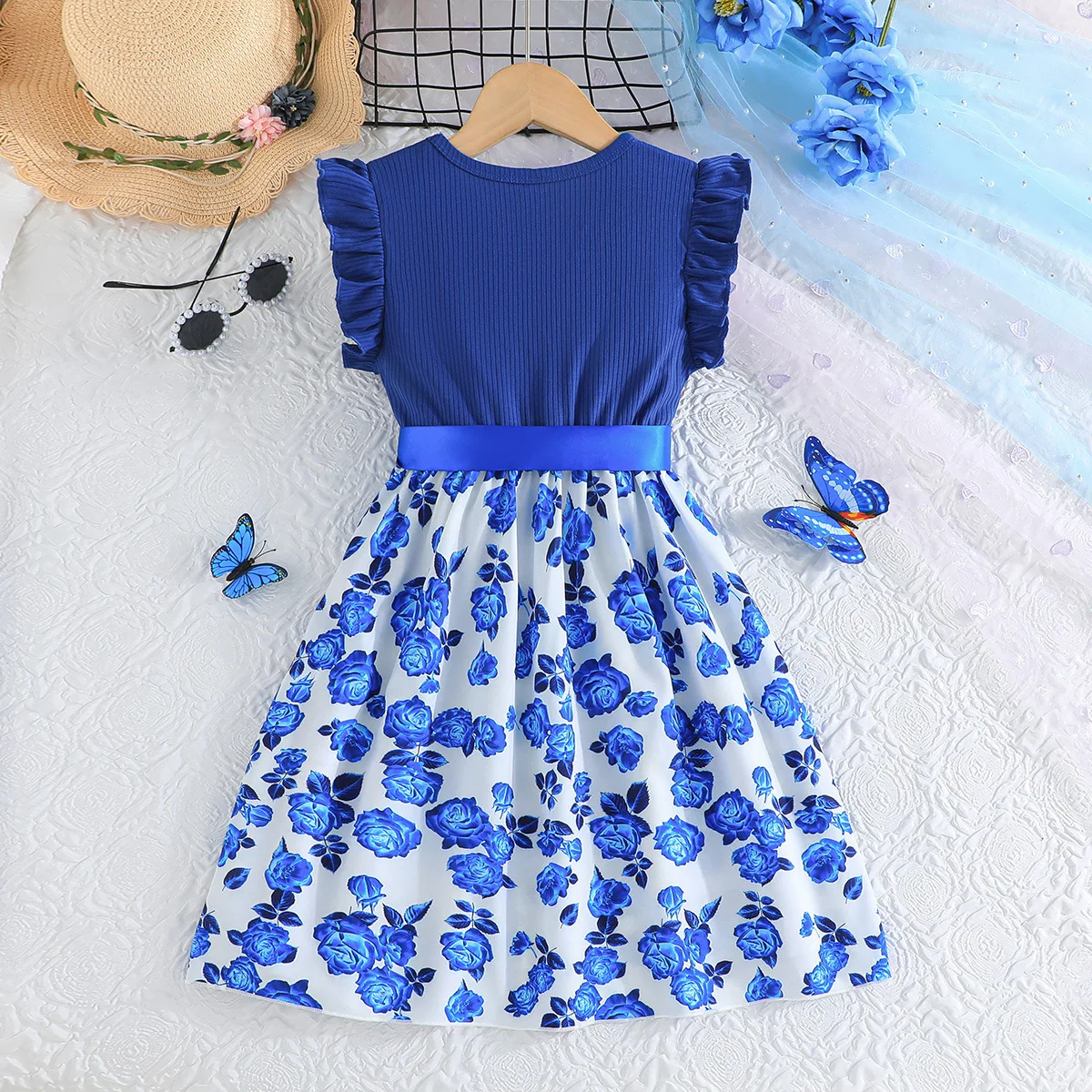 2024 Summer New Arrival Girls Sleeveless O Neck Ruffles Print Rose Blue Roupa Infantil Menina Cute Party Dress Custume 5-10T