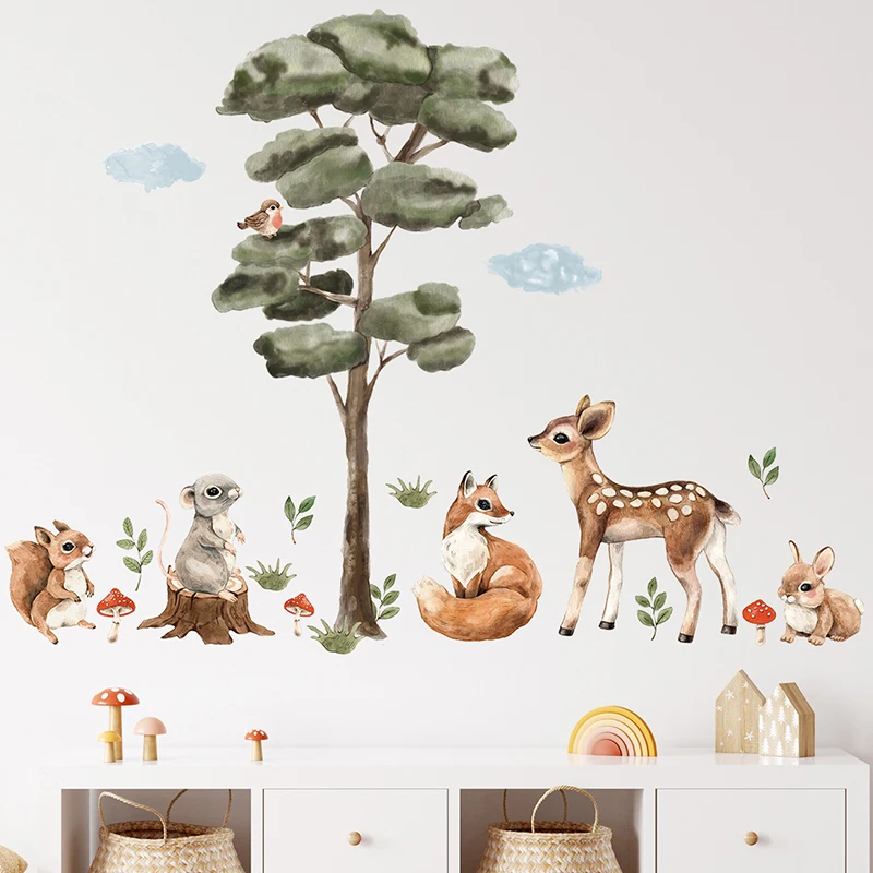 Watercolor Cartoon Tree and Forest Animals Deer Fox Bunny Wall Stickers for Kids Room Baby Nursery Room Wall Decals Home Decor