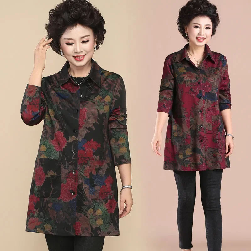 

Осенний женский тренч с цветочным принтом, длинными рукавами, отложным воротником, на пуговицах, свободного кроя, средней длины