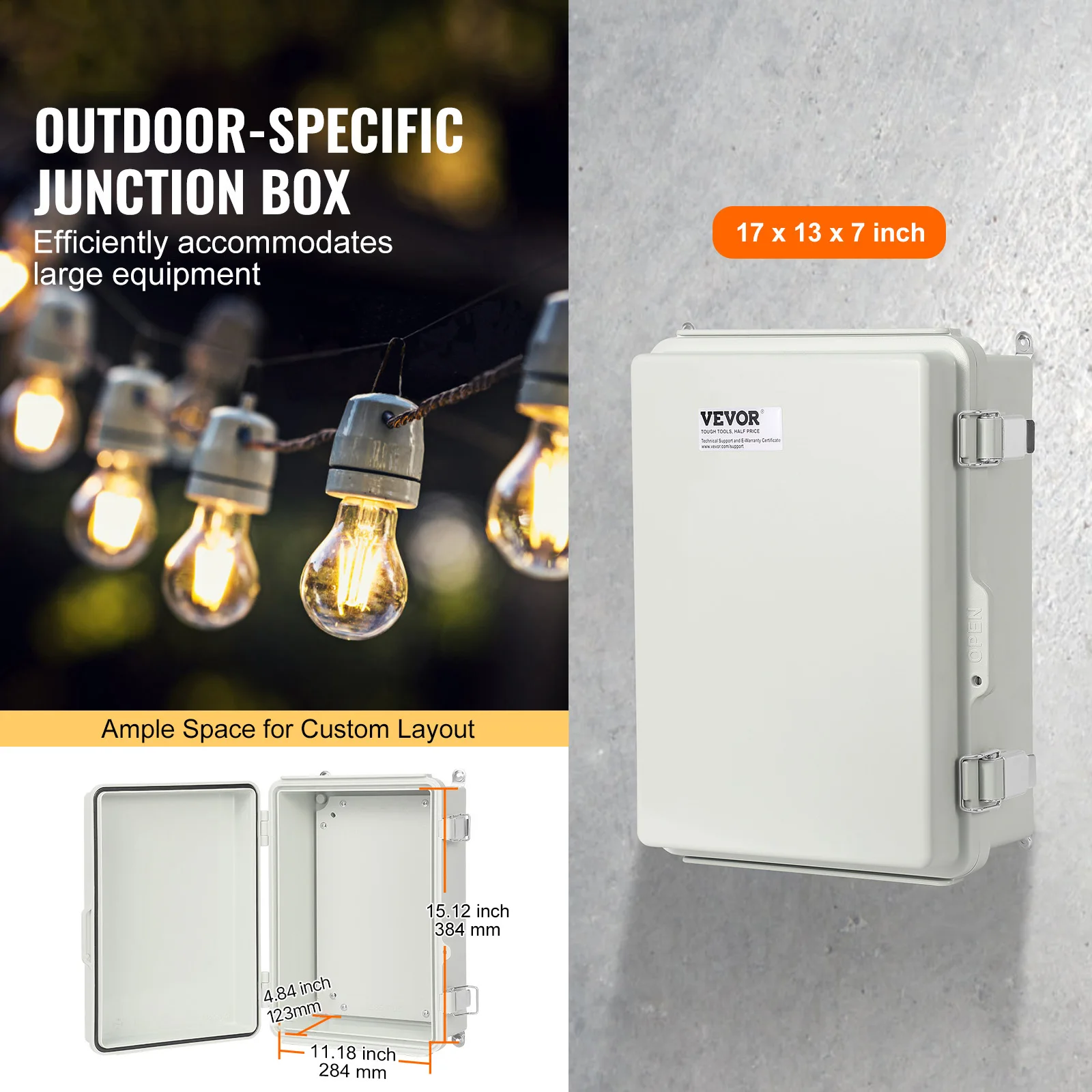 Outdoor Electrical Junction Box, 16.93 x 12.99 x 7.09 in, IP67 Dustproof Waterproof for Outdoor Electrical Projects, ABS Plastic Electrical Enclosure Box with Hinged Cover Stainless Steel Latch