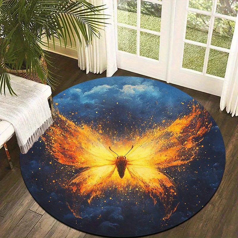 Большой круглый напольный коврик 1 шт. — оранжевый/желтый/синий/золотой дизайн бабочки, нескользящая подложка, мягкий коврик, который можно стирать в машине для