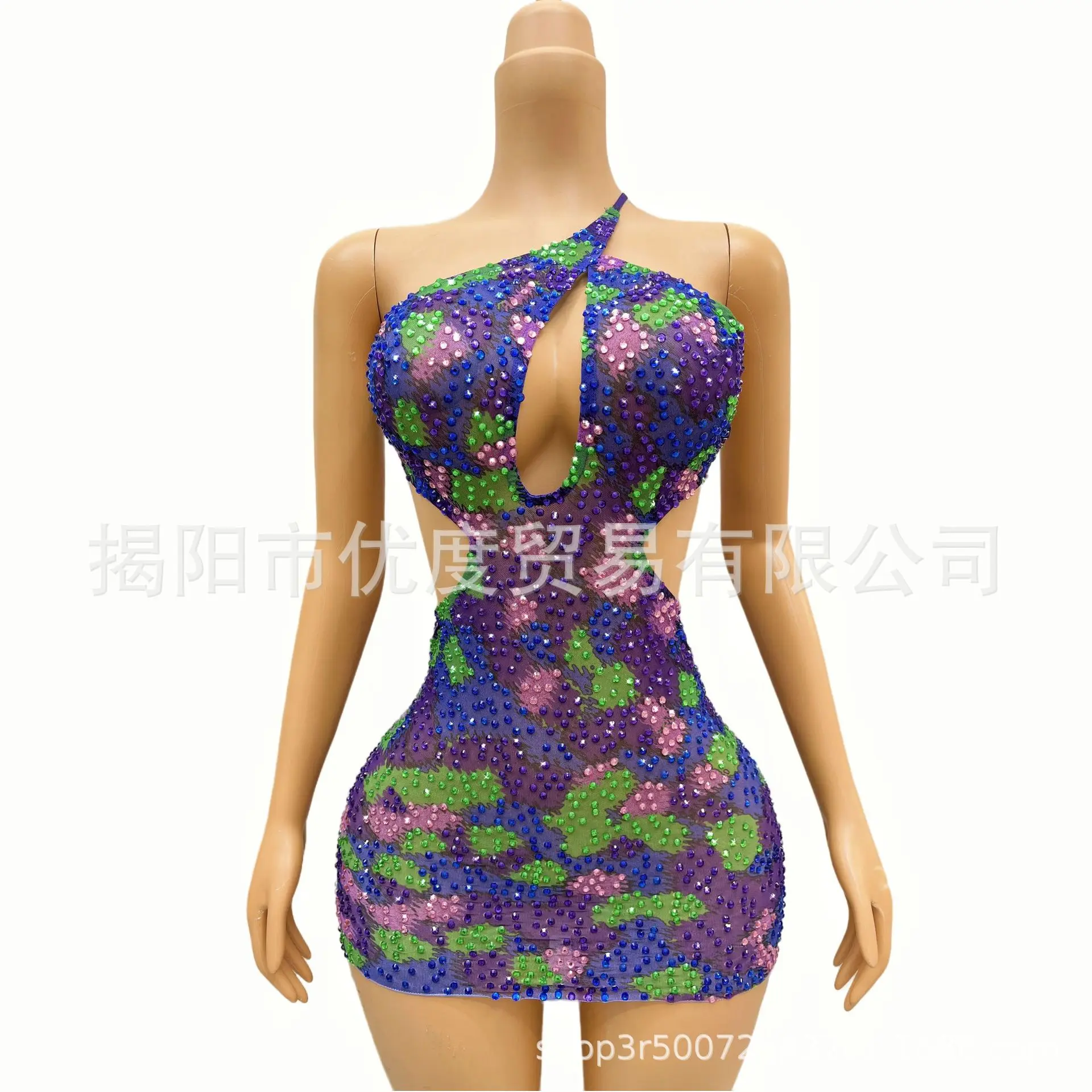 2026Mixed Color Design Open-back Open-back Multi-colored Rhinestone Dress Cocktail Party Evening Dress Performance Skirt Tangram