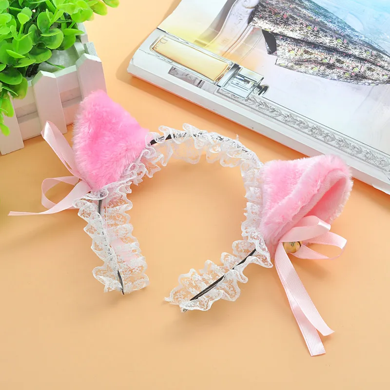 Lolita Cute Cat Ear Lace Headband with Bell Pink White Black Leopard sexy Cat Ear Cosplay Headwear Anime Cat Girl Costume