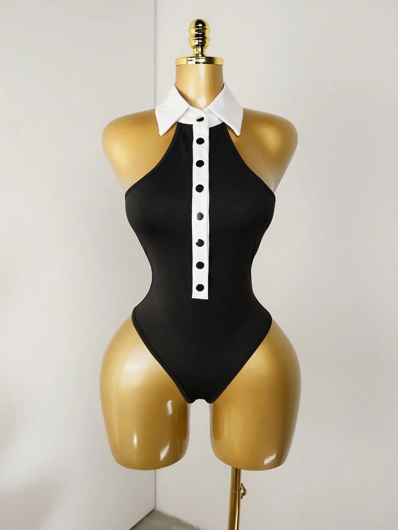 

Women's Black Halter Neck Bodysuit with White Collar and Button Detail