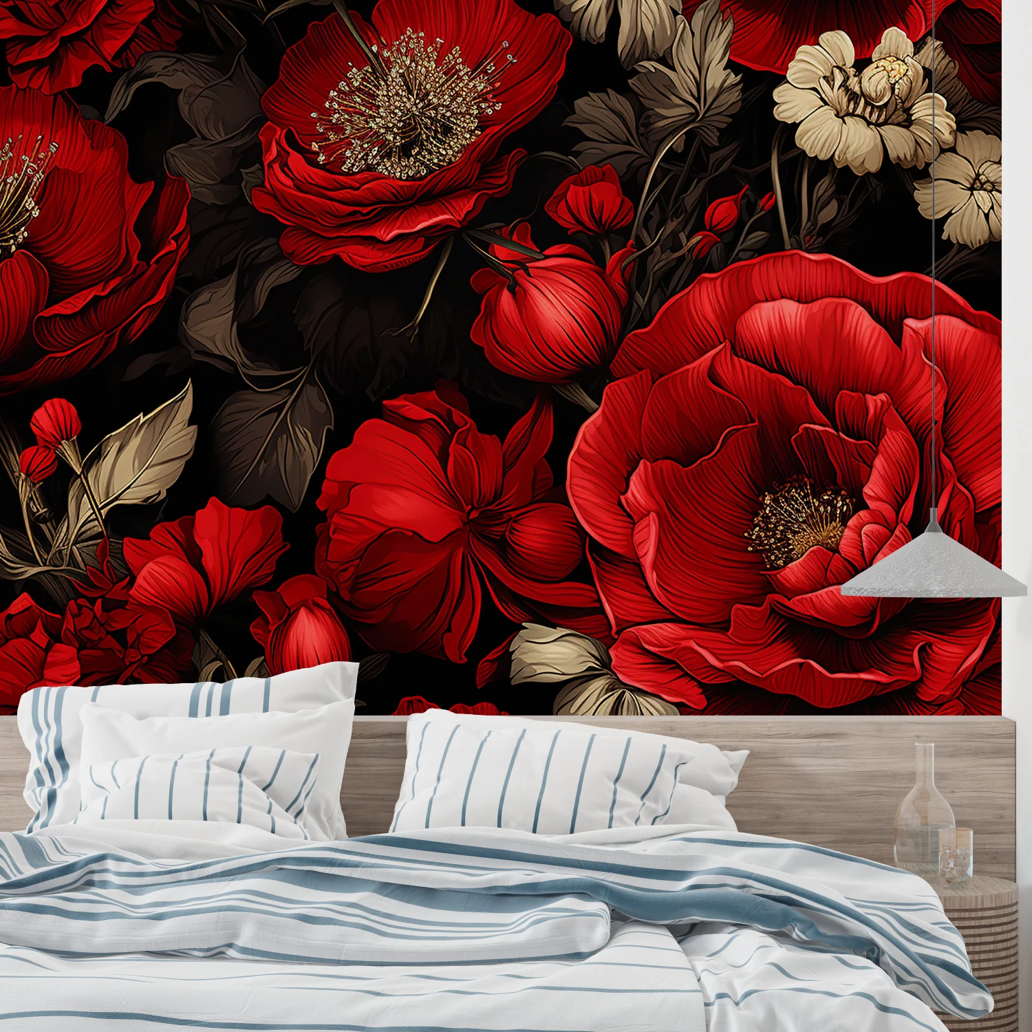 Customized mural, red peony wallpaper, pastoral style, flower leaves, living room, bedroom decoration painting 3d wallpaper