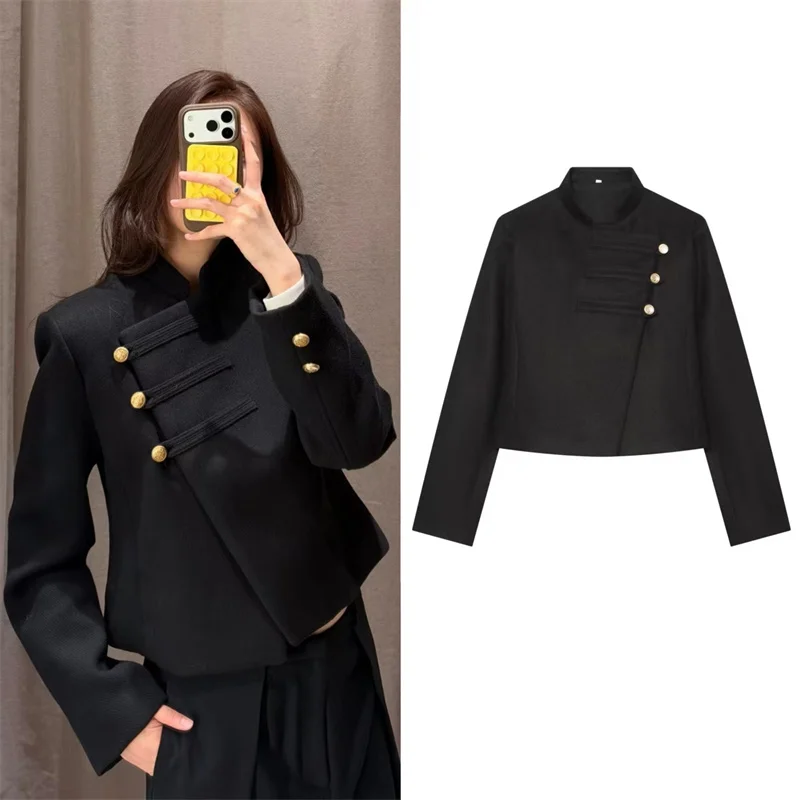 Guobioziy Women's Jacket 2026 Fall/Winter New Arrival Black Long-Sleeve with Knot Buttons Napoleon Knight Blazer Stylish Unique