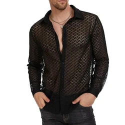 Fashion Men's Mesh Transparent Baggy Shirt Top Sexy Long-Sleeved V-Neck  Single Breasted Sheer Chiffon Shirt Tops Man Clothing