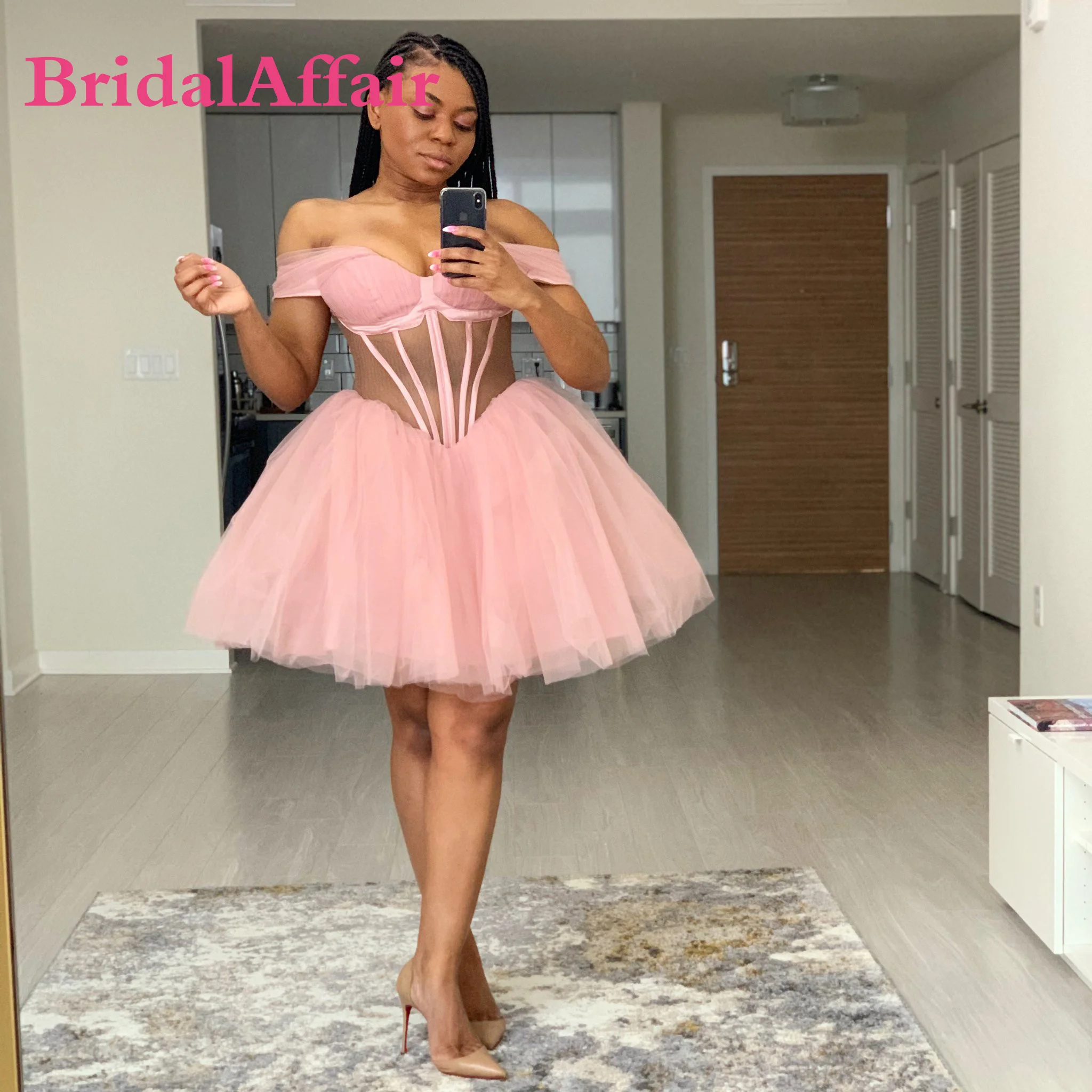 BridalAffair Puffy Mini Roze Prom Dresses vestido de curto Formele Jurken Plus Size Off Schouder Prom Dress Robe De Soiree