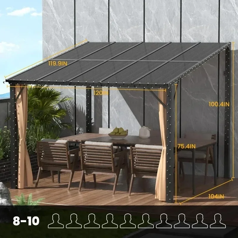 10x10 Wall-Mounted Hardtop Pergola Gazebo, Heavy Duty Pavilion with Metal Frame, Permanent Outdoor Structure