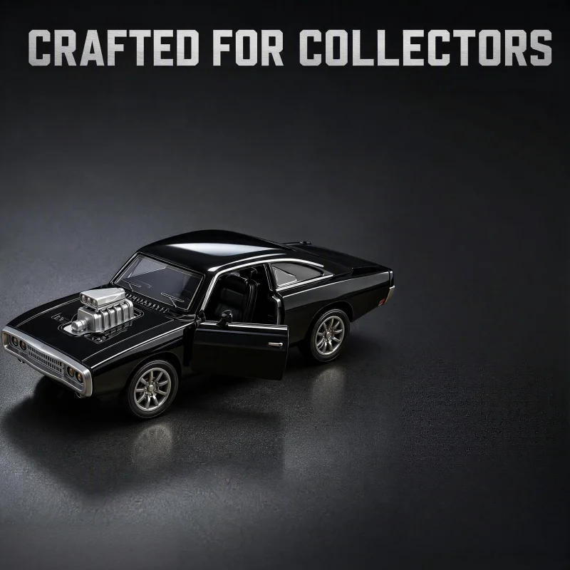 Classic American muscle car model, bright black alloy rally coupe, highlight the engine static car model desktop decoration gift