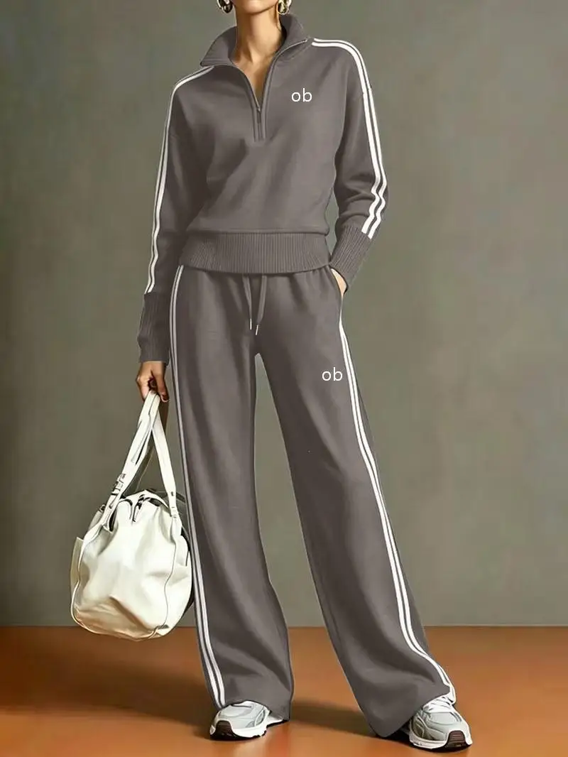 New autumn and winter women's sports and leisure suit with half zipper stand up collar long sleeved top and side striped pants
