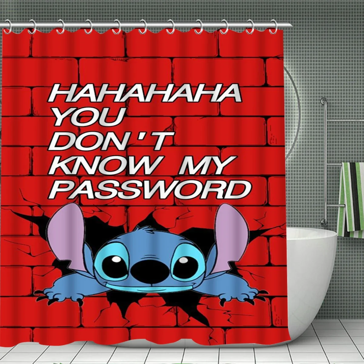 

4pcs Stitch Red Brick Wall Cartoon Shower Curtain Set Waterproof Shower Curtain and Waterproof and Anti-slip, 12 Hooks Included