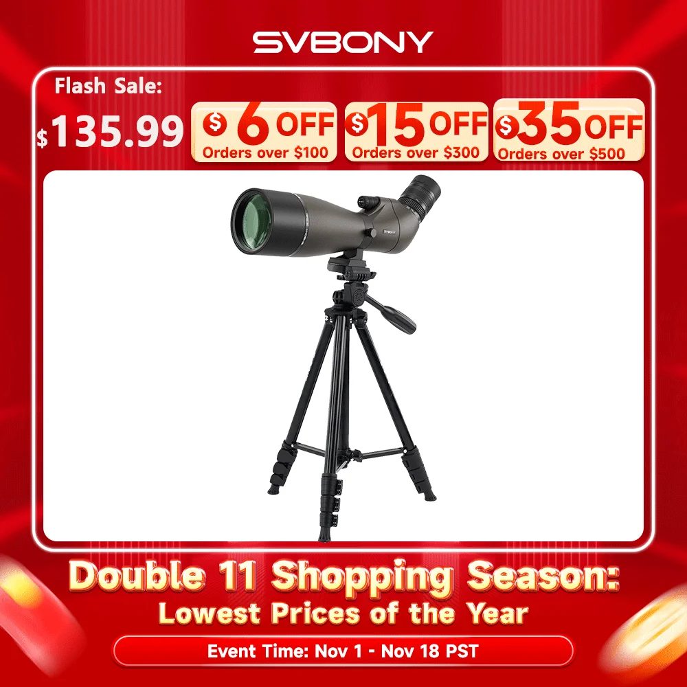 Svbony SV29 Telescope 25-75x80mm FMC Removable 1.25" Eyepiece Dovetail Slot Spotting Scope for Birdwatching Moon-viewing Camping