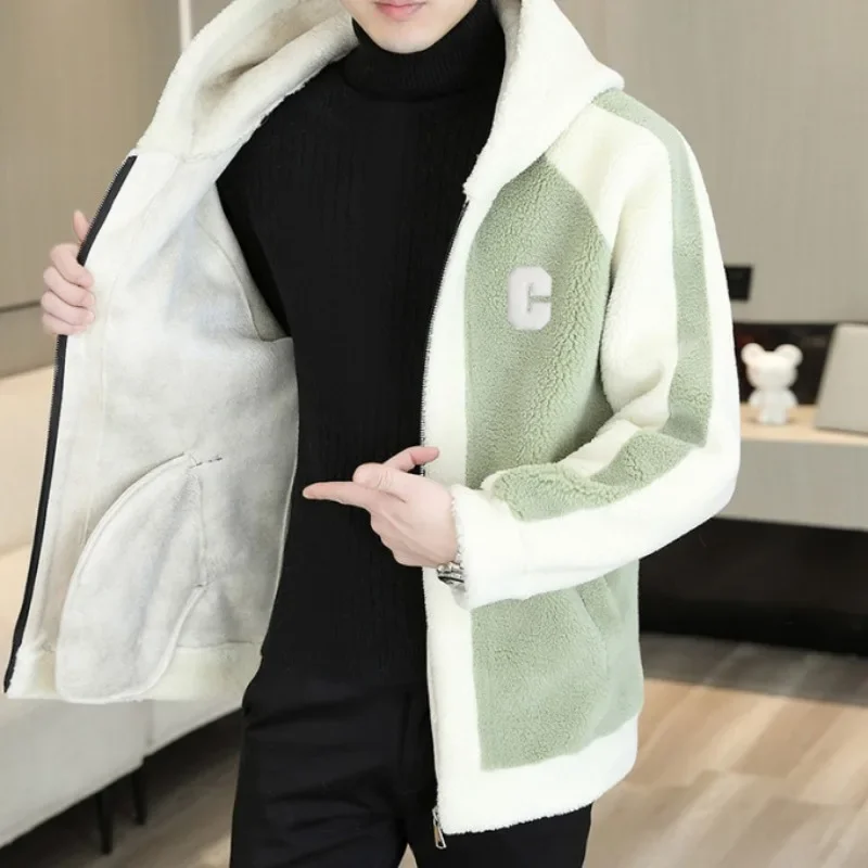 Winter Integrated Fur and Leather Woolen Hooded Jacket Men Add Cotton Thick Warm Coat Casual Streetwear Overcoat Men Clothing