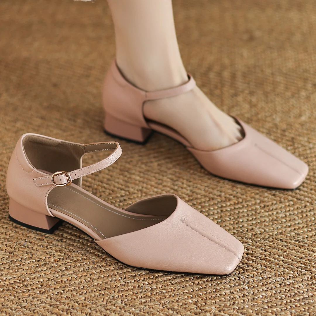

Plus size 34-41 women's sheepskin square toe ankle strap pumps 2025 summer new elegant ladies 3cm thick low heel sandals shoes