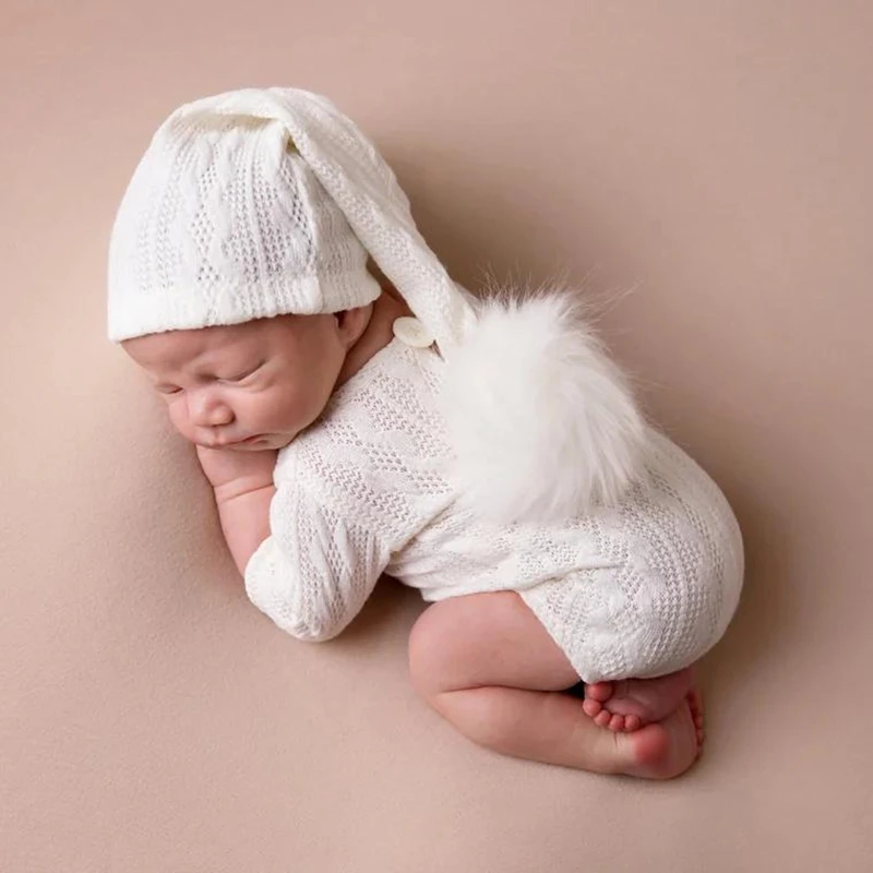 Newborn Photography Props Costume Knitted Cotton Long Sleeves Baby Romper+Long Tail Hat Set Crochet Baby Jumpsuit Xmas Outfit