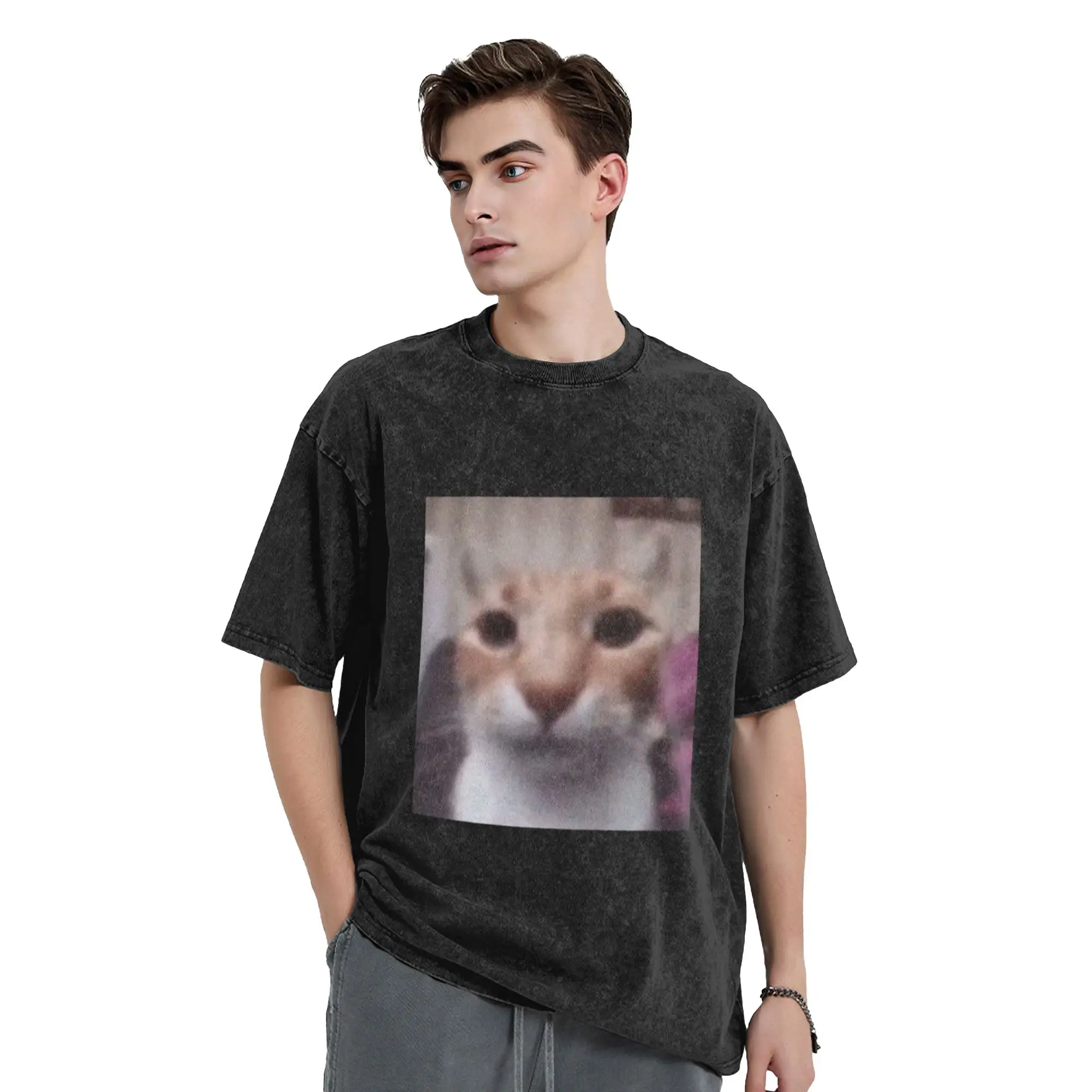 Silly Cat Meme Unique Stylish A Washed T Shirt Men's Women's Oversized Cotton Tees Tops