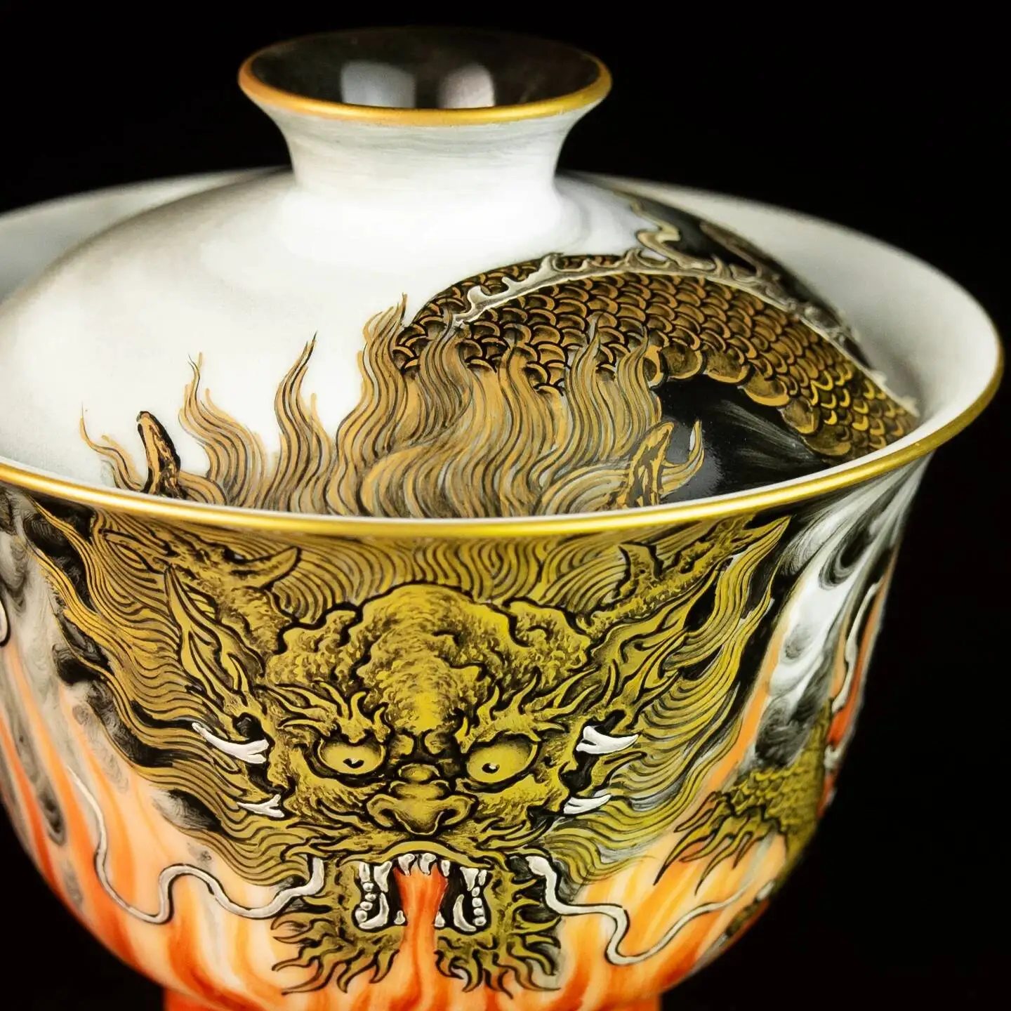Holy Mountain Pastel Alum Red Flame Golden Dragon Fire-Breathing Set Handmade Ceramic Tea Brewing Cover Bowl