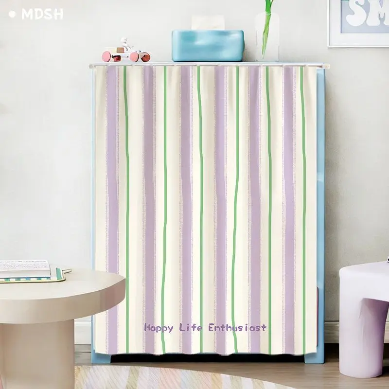 VIKAMA Shoe Rack Curtain Cover Green Orange Stripe Print Dust Proof Furniture Protector No Pole 2D Flat Print Easy Install