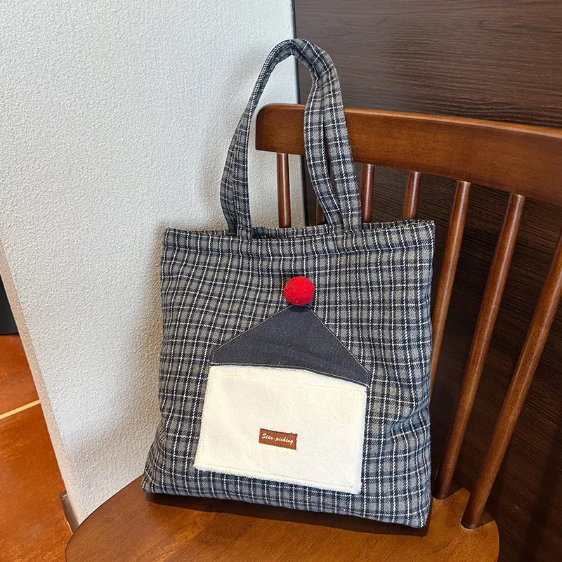 

Cute cartoon pattern ladies' shoulder bag, contrasting color checkered pattern, ladies' handbag, multi-functional, large capacit