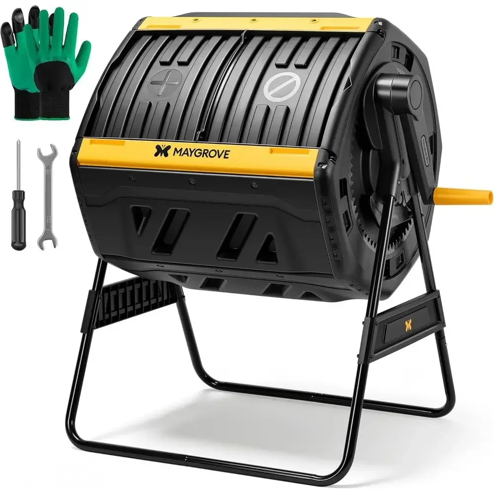 53 Gallon Dual Chamber Compost Tumbler for Large Garden Waste Recycling