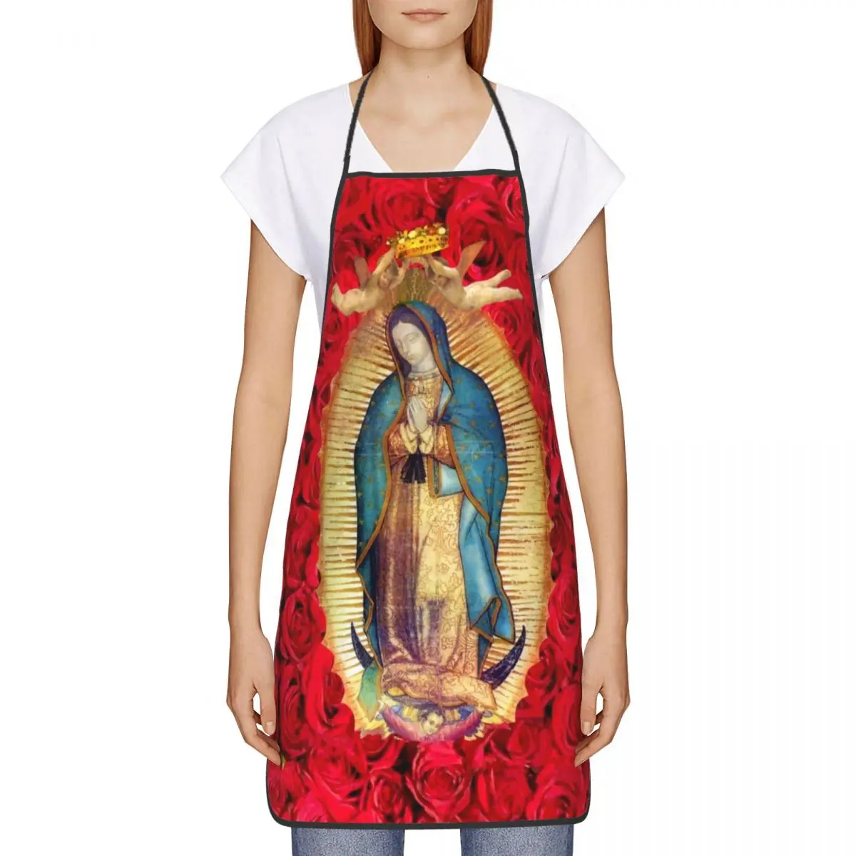 Custom Unisex Guadalupe Virgin Mary With Flowers Bib Apron Adult Women Men Chef Tablier Cuisine for Cooking  Catholic Baking