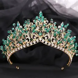 DIEZI Handmade Korean Green Crystal Beads Tiara Crown For Women Girls Wedding Party Luxury Elegant Bridal Queen Hair Accessories