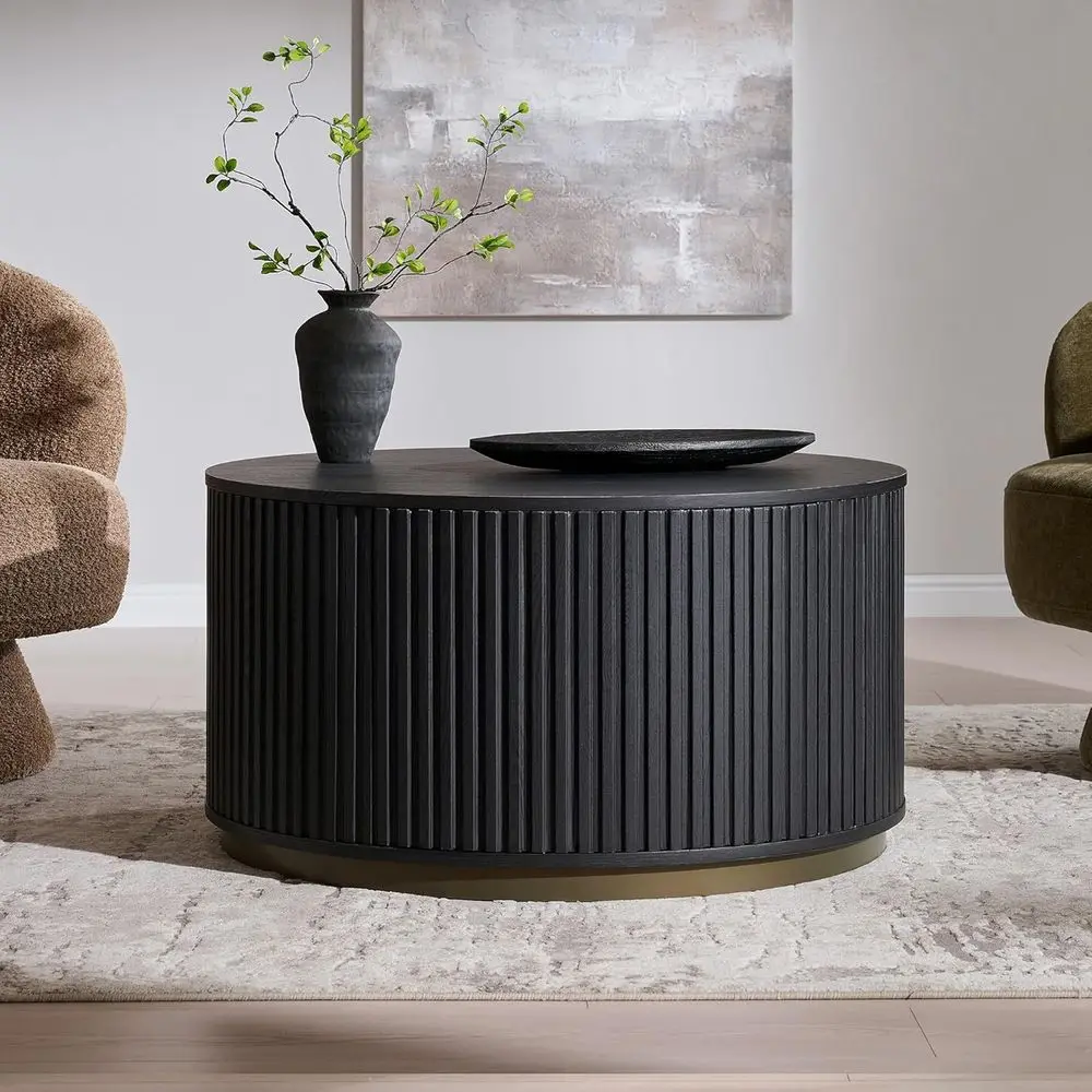 

33 Charcoal Black Round Coffee Table with Storage and Push-to-Open Drawer