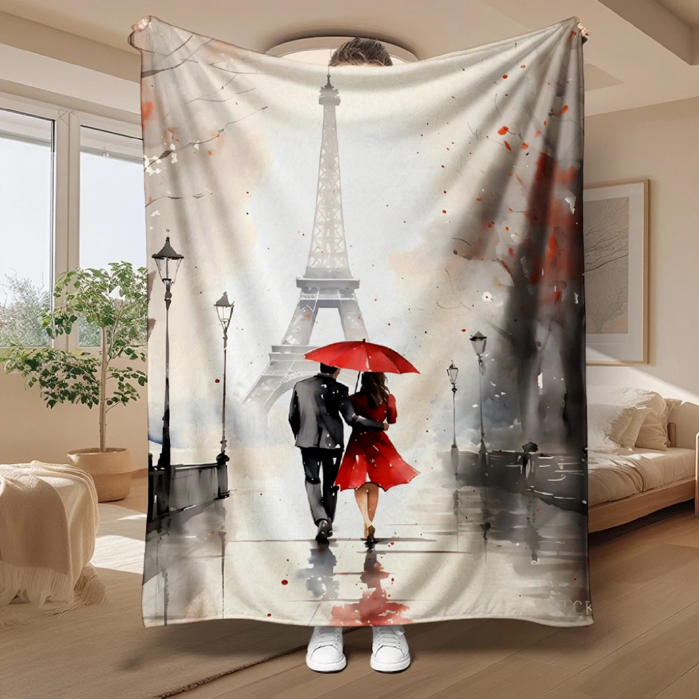 Romantic Paris Eiffel Tower Couple, Gift for Her, Soft Cozy Blanket, Red Umbrella Art Print, Multi-Purpose Home Decor Throw