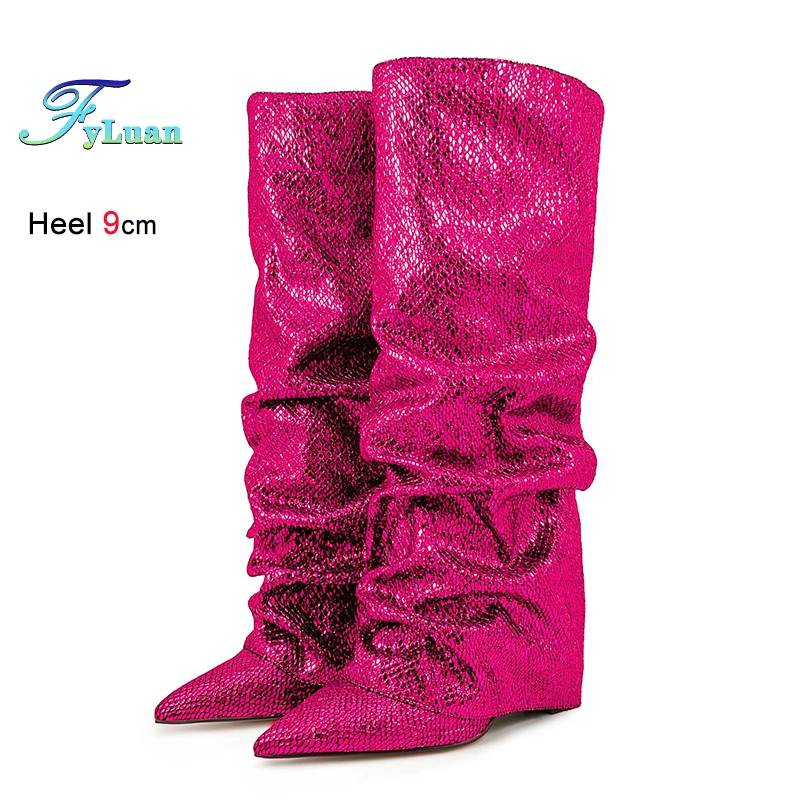 

Western style Turned-Over Edge Pleated Boots For Women 9CM High Heel Designer Woman Pointy Long Boots Fashion Week Model Shoes