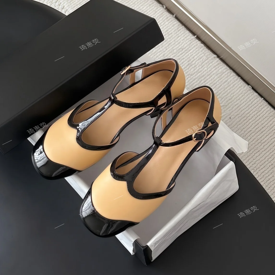 2026 New Color-Block Genuine Leather Mary Jane Shoes for Women, Autumn Round-Toe Flat Fashionable Leather Loafers Bota Feminina