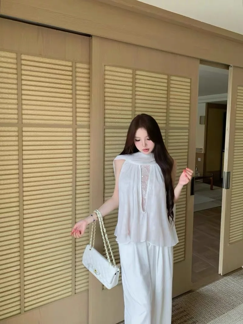 Gossamer Moonlight Lace Patchwork Halter Neck Loose Fit Summer Top French Style Breathable Lightweight Chiffon Shirt
