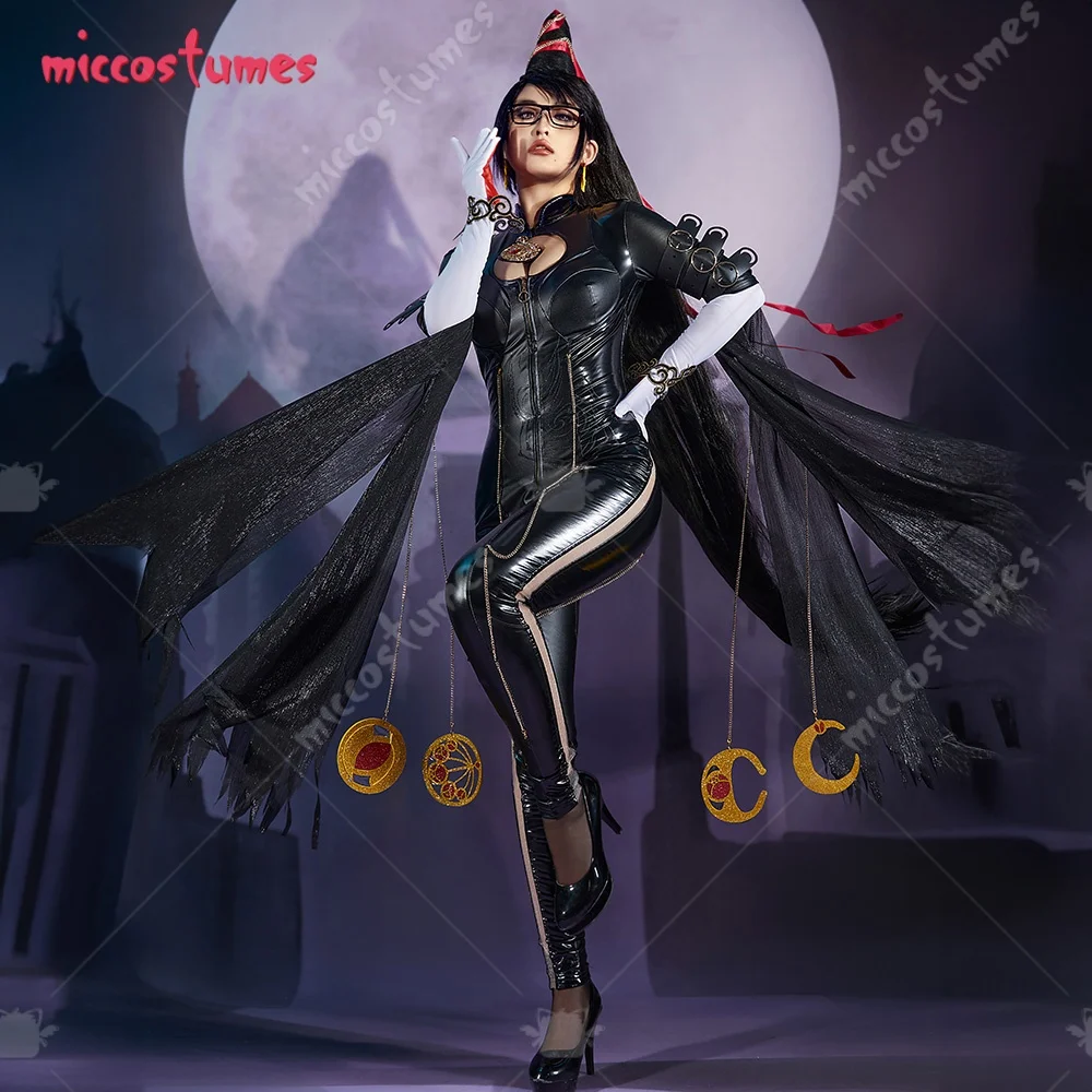 Miccostumes Women\'s Black Witch Cosplay Costume Backless Bodysuit with Gloves Chains and Socks for Party Halloween
