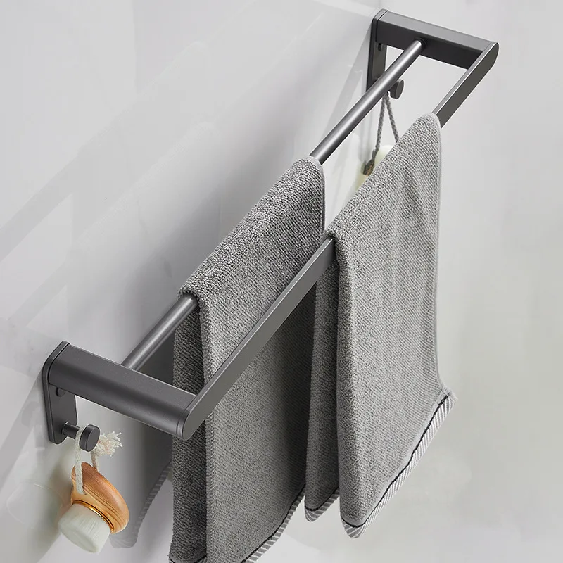 Gun‑gray  aluminumBathroom Double Towel Shelf Rack Holder Bath Towel DesignTowel Rail Bathroom Accessories No drilling required
