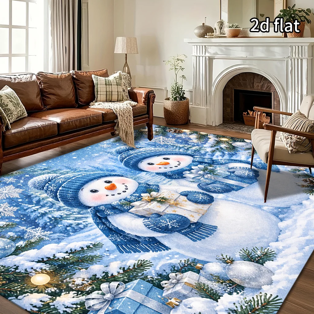 Blue Winter Reindeer Christmas Area Rug Snow Mountain Pine Forest Sparkle Snowflake Print Floor Mat Magical Woodland Decor