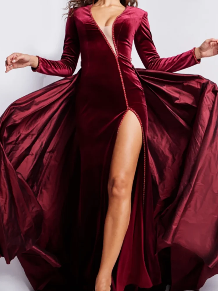 Elegant Irregular Collar Velour Full Sleeve Detachable Formal Evening Dresses Birthday Party Prom Gowns Customized