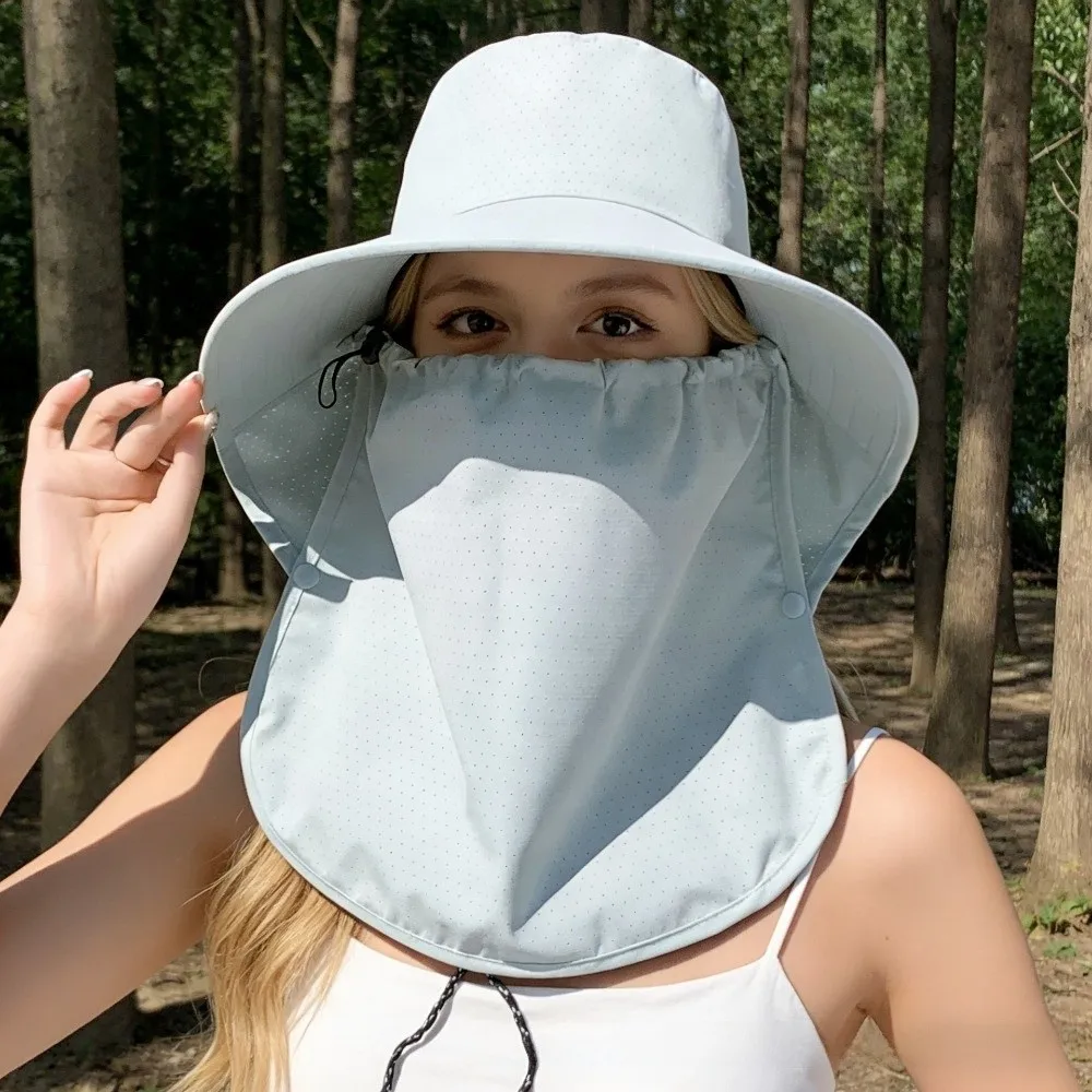 

Simple Wide-Brimmed Shawl Mask Hat Adjustable Solid Color Sunshade Sun Hat Soft Face Cover Picking Tea Hat Summer