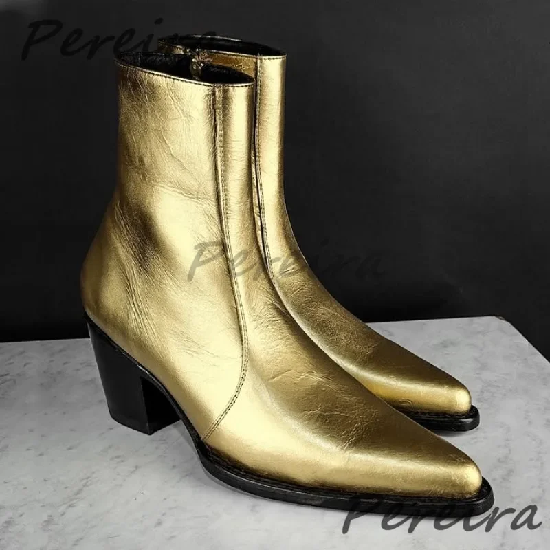 British Men's Genuine Leather Chelsea Boots Gold Pointy Toe 6CM High Heel Zipper Short Boots Autumn Winter New Trendy Male Shoes