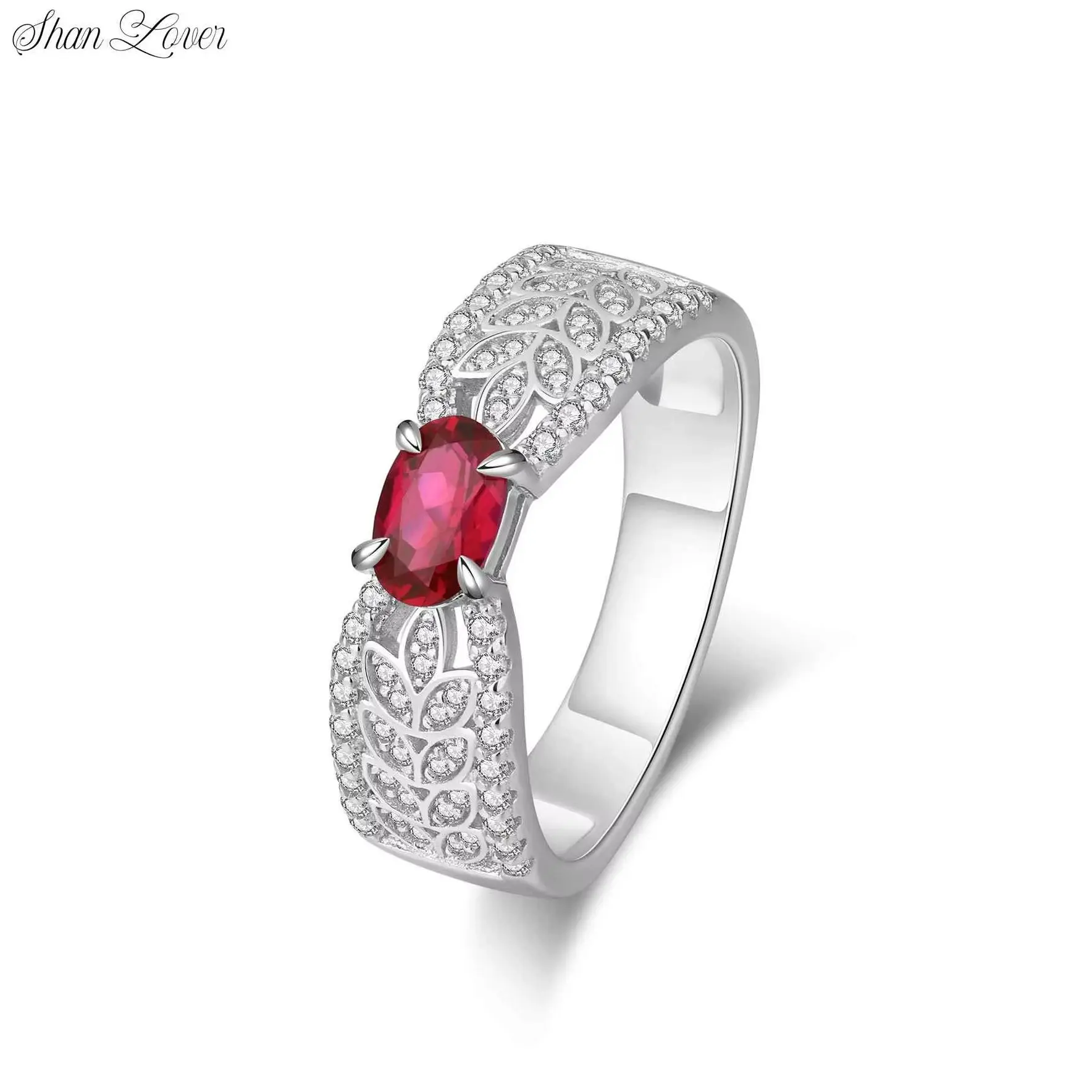 

ShanLover Brand Rare 925 Silver Red Corundum Ring For Woman Full Diamond White Gold Plated Platinum Plating Rings Fine Jewelry