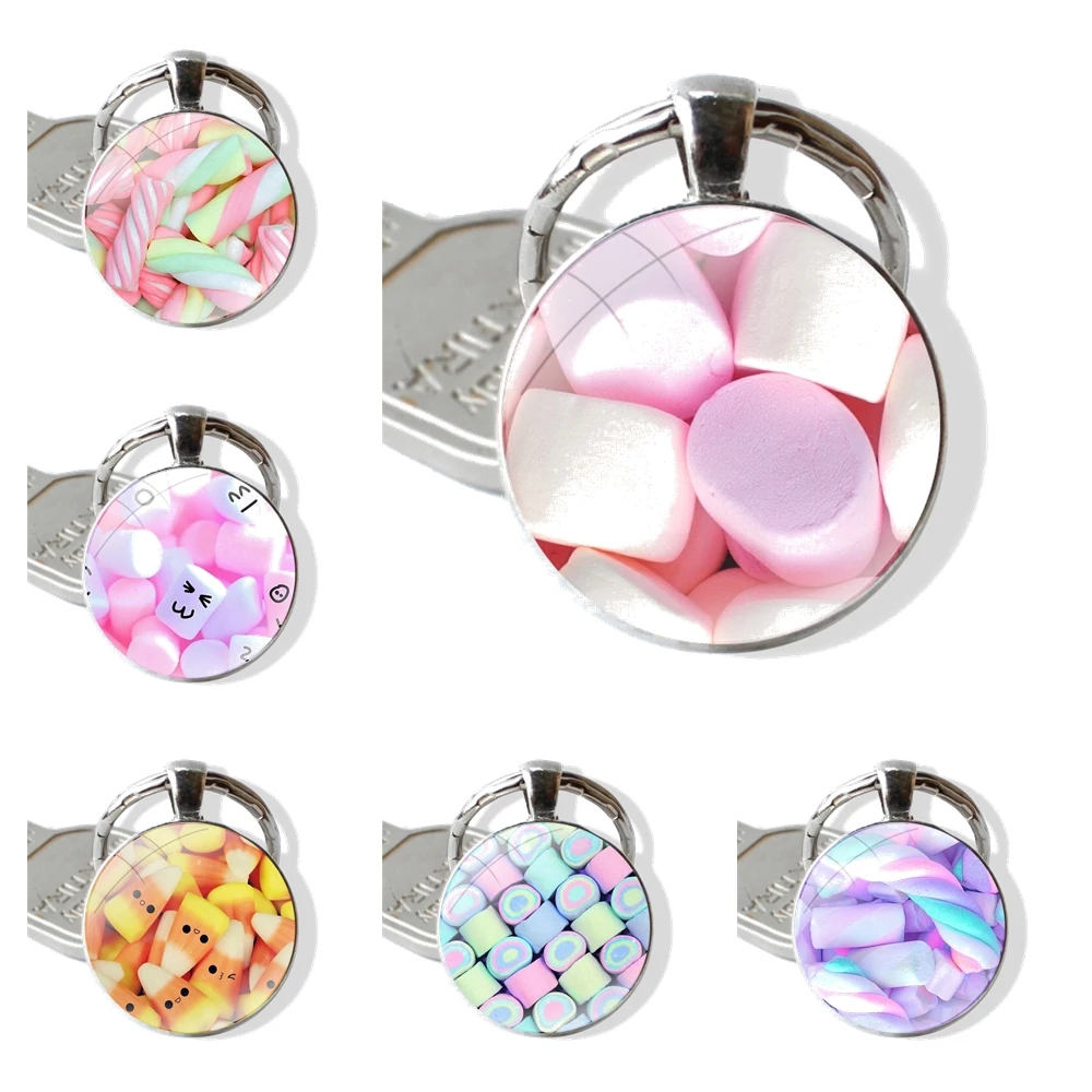 Keychain Handmade Glass Cabochon Key Ring Holder Pendant Key Chains kawaii cute Pastel Marshmallows