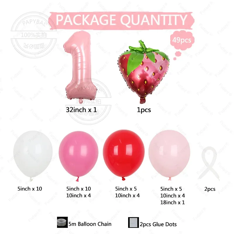 49pcs Fruit Strawberry Balloon Column Set Girl Princess Birthday Colorful Baby Shower Gender Reveal Party Decors Wedding Globos