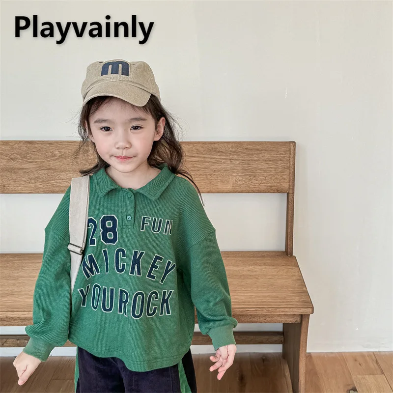 

2025 New Spring Autumn Children Clothes Green Blue Khaki Turn-down Collar Letter Long Sleeve T-shirt Boy Girl Polo Shirt A5032