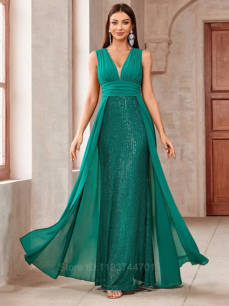 

2024 Summer Fashion Women Sleeveless V Neck Backless Green Sequined Elegant Evening Party Cocktail Prom Long Mermaid Dresses