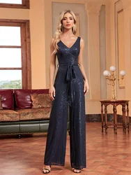 Lucyinlove-vestido de Noche Azul con lentejuelas para mujer, traje Formal de lujo con cuello en V para fiesta de graduación, Sexy, sin mangas, 2024