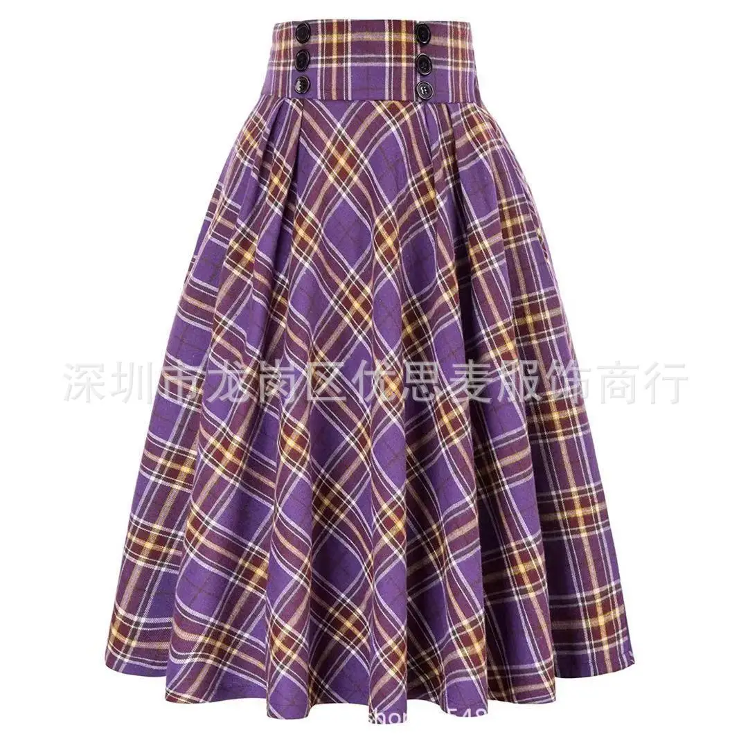Vintage Womens Plaid Skirts High Waist Checked Pleated Midi Skirt Spring Summer Preppy Style A Line Skater Skirts Faldas
