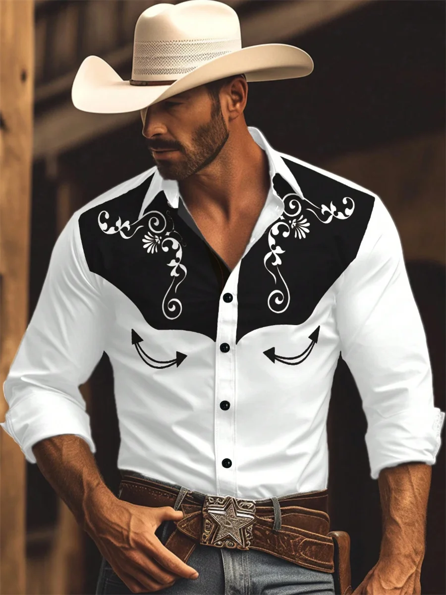

Новая мужская рубашка с длинными рукавами, рубашка в винтажном стиле в западном ковбойском стиле с принтом, модный мужской топ с длинными рукавами и лацканами.