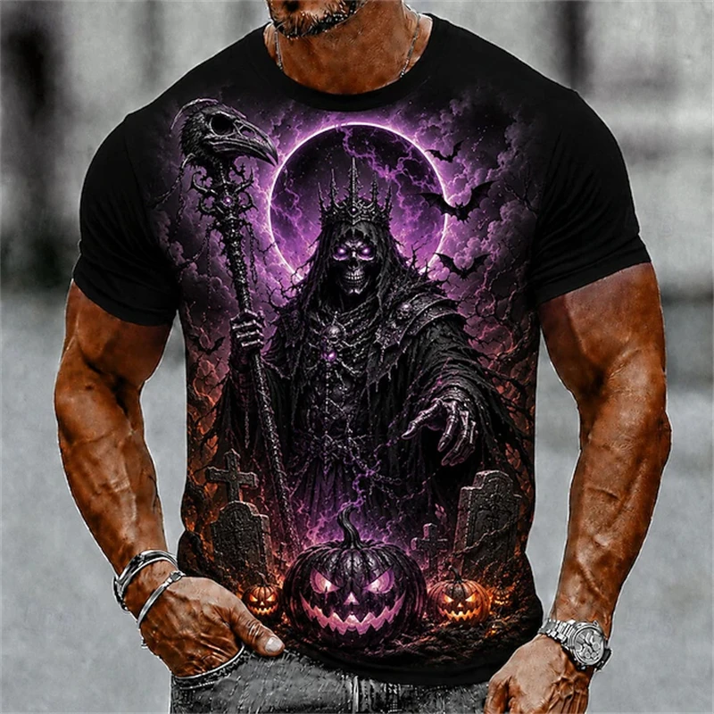 2026 Men's Halloween Party Round-Neck T-Shirt Full Moon Claws Wolf Skull Bat and Pumpkin—Dark Horror Fashion Theme Top
