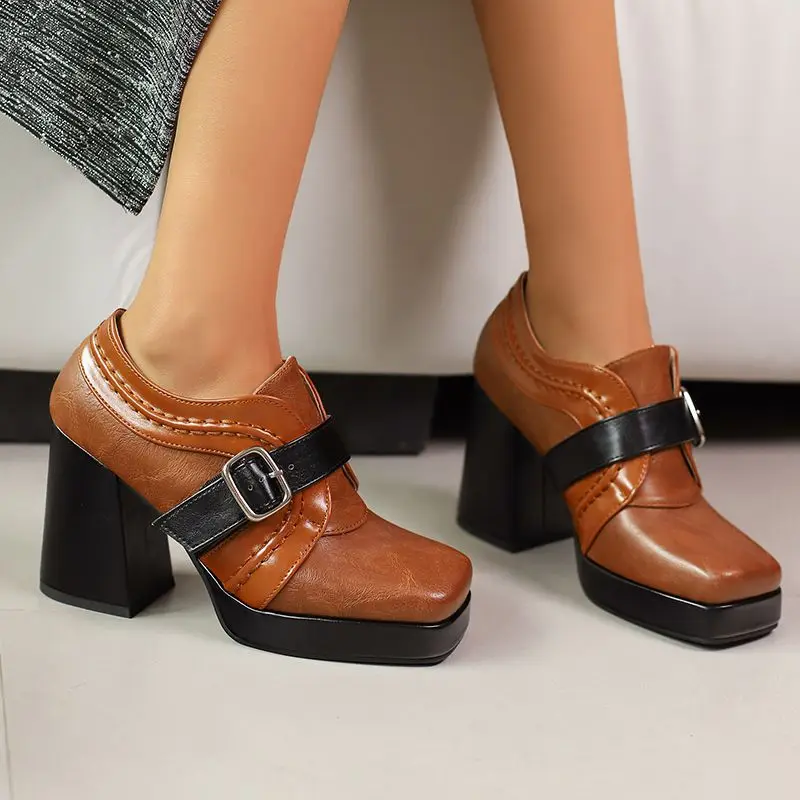 

ORCHA LISA Brand Vintage Women's Pumps Square Toe 9cm Block Heel Platform Belt Buckle Mixed Color Brown Big Size 47 48 On Sale